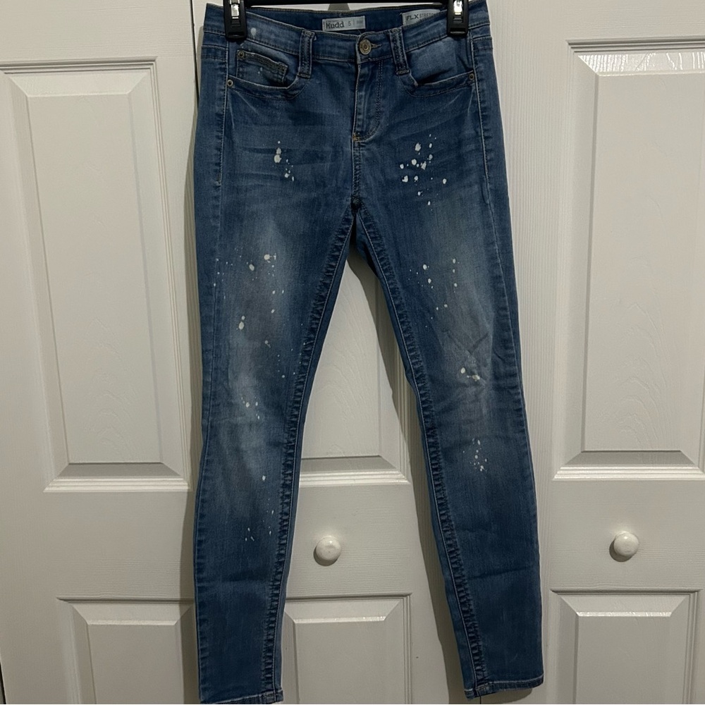 Y2K Mudd Jeans Stretch Denim Low/Mid Rise Blue Women's Size 5 Skinny Guess Paint